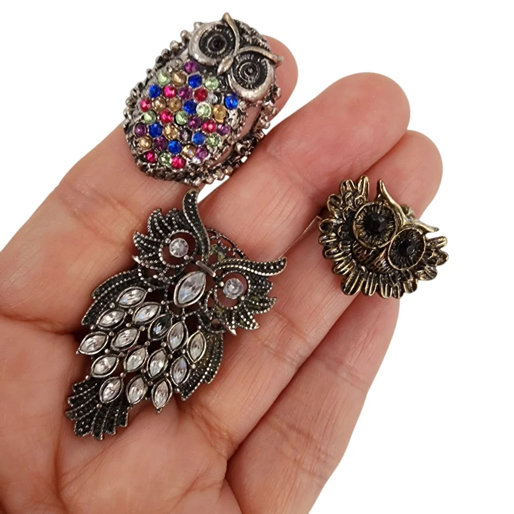 Bundle of 3 Owl Rings Antique Silver And Brass Tone With Rhinestones - Picture 11 of 15